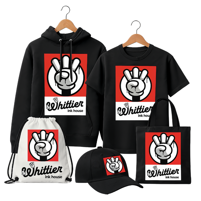 Hoodie, tee, tote and cap printed with Whittier Ink House DTF transfers